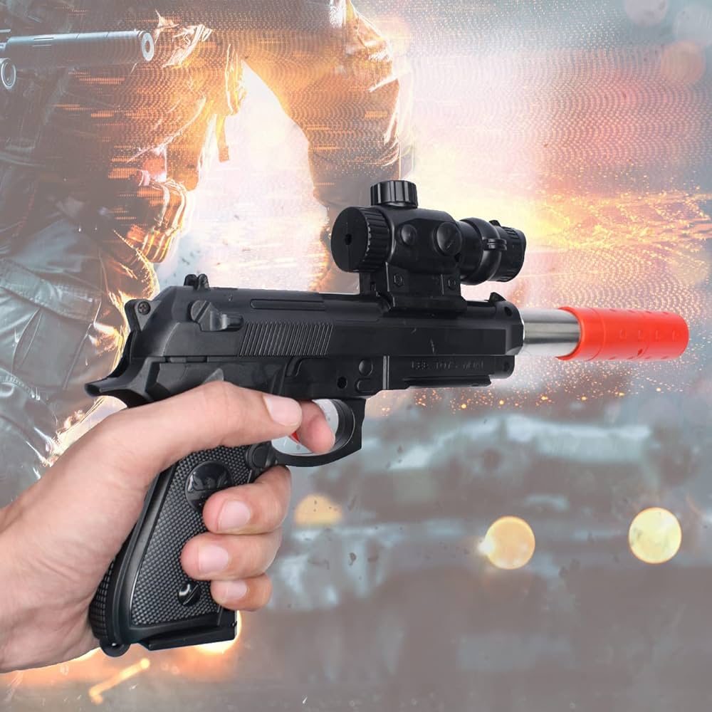 Pistola Con Silenciador Y Luz Láser Balas De Gel - Imagen 2