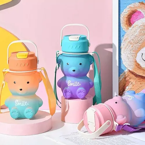 Botella De Agua Colores Con Forma De Oso Y Popote 2 En 1