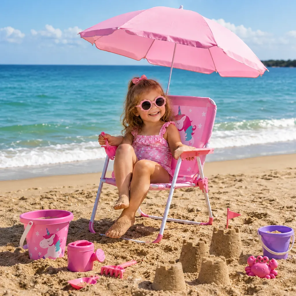 Silla Plegable Infantil Rosa con sombrilla diseño Unicornio
